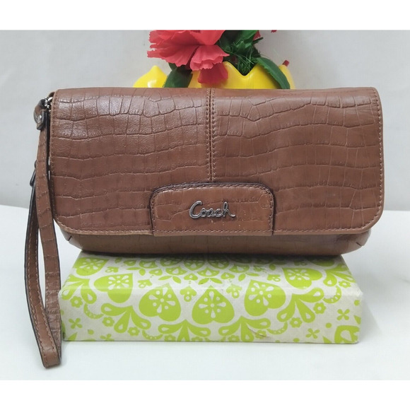 Coach Asley Brown Leather Snakeskin Embossed Flap Closure Wristlet Wallet - Picture 1 of 12